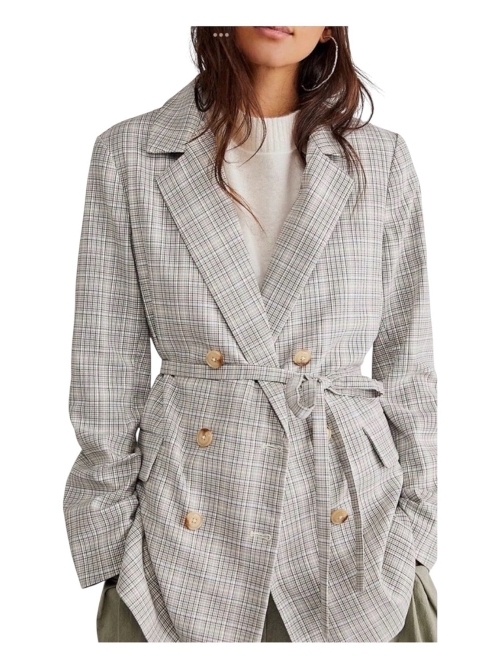 Free People Olivia Light Gray Plaid Double-Breasted Blazer | Relaxed Menswear